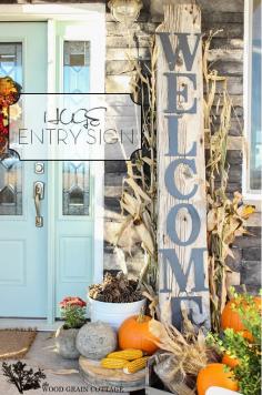 HUGE DIY Welcome Sign by The Wood Grain Cottage + pretty front fall porch @Fox Hollow Cottage