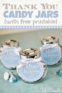 DIY Hugs & Kisses Candy Jars -  a cute and easy way to say “Thank You!”  These little candy jars are great for teacher gifts, hostess gifts, or anyone else you want to thank.  Surprise that special someone by leaving several of these around the house, in the school room, at their work station, in their vehicle, etc....