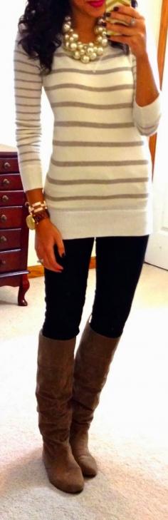 
                    
                        Fashion And Style: Adorable Boho's fall outfits with stripe sweater, long boots and skinny pant love these necklaces
                    
                