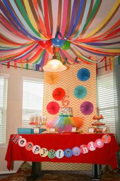 
                        
                            Addison's Art Party from Catch My Party - You can create colorful and cheap decorations by adding streamers and balloons to a light fixture.  This would be a great way to decorate the ceiling for Workshop of Wonders VBS!  #firstpresorangeburgvbs
                        
                    