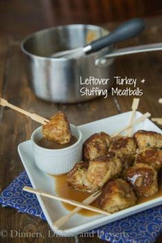 
                    
                        Leftover Turkey and Stuffing Meatballs - Turn leftover stuffing into turkey and stuffing meatballs.  Quick, easy, and great the next day.  Dip in leftover gravy or cranberry sauce!
                    
                