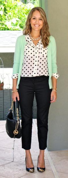 
                    
                        Mint cardigan, polka dot top, black cropped trousers - obsessed with this outfit
                    
                