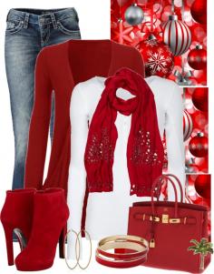 
                    
                        I LOVE THIS OUTFIT! It is the perfect after hours look for the holiday season.  The red makes it festive.  The heels and accessories make it above casual.  My one suggestion would be to go with a darker/dressier jean.  You will still be comfortable and look very well put together.  ~Michele
                    
                
