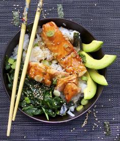 Teriyaki Salmon Rice bowl with Spinach and Avocado - salmon, spinach, sushi rice, teriyaki sauce, toasted sesame seeds and nori confetti!