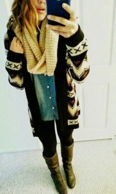 
                    
                        Fashion And Style: Winter outfit. aztec cardigan ridingboots leggings chambray infinityscarf winter outfit
                    
                