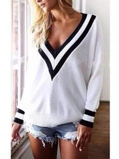 White V Neck Long Sleeve Knit Sweater