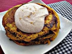 spiced pumpkin pancakes topped with cinnamon maple greek yogurt