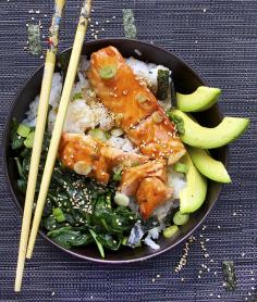 
                    
                        Teriyaki Salmon Rice Bowl with Spinach and Avocado: a beautiful, scrumptious, one-dish dinner in just over an hour.
                    
                