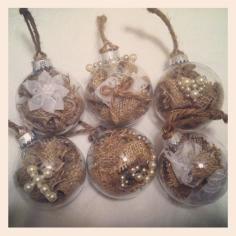 Rustic Burlap Christmas Ornaments With Pearl Embellishments- what a neat idea, to stuff a christmas ornament with burlap and other goodies!