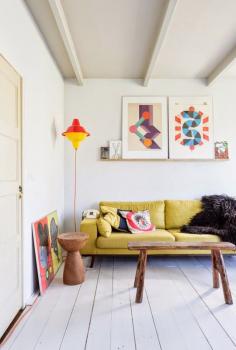 sofa, floors, wooden tables, art