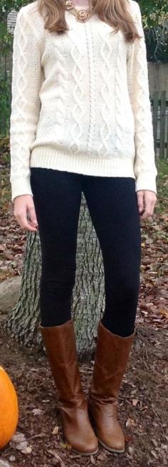 Outfit Posts: outfit post: cream cable knit sweater, black skinny jeans, brown riding boots