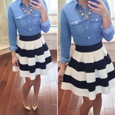 
                    
                        Shirt: Loft, Skirt: Modcloth Stripe It Lucky Skirt, Necklace: J.Crew Factory....cute minus the shoes
                    
                