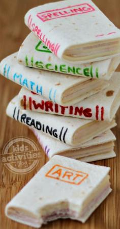 
                    
                        WOW, School Book Sandwiches ~ so cute and so easy to make... a perfect healthy snack to bring to your kid’s classroom, but they can be personalized for any occasion. Add the name of your child’s favorite book for a book themed birthday party or just for lunch.
                    
                