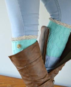 
                    
                        Mint Knitted boot cuffs with ivory lace trim and buttons.   These boot cuffs are so cute to dress up on cold days. Great for accessorizing your boots
                    
                