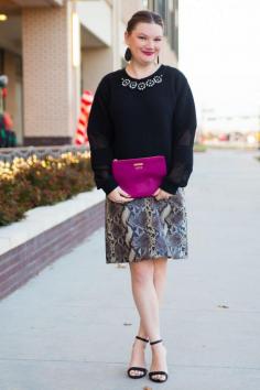 
                    
                        Python Skirt with Black Jeweled Sweater and Heels, plus a pop of magenta
                    
                