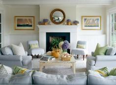 
                    
                        Luxuriate in the Living Room. Pale blue slipcovered upholstery. Interior Designer: Lynn Morgan.
                    
                