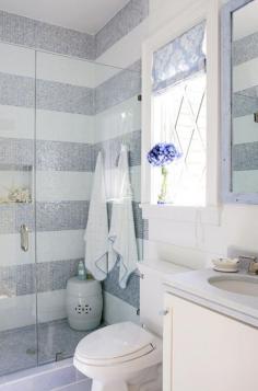 
                    
                        Splendor in the Bath. Horizontally striped grey and white tile.
                    
                