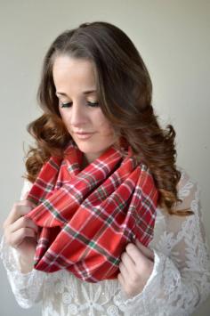 
                    
                        Red Green Chunky warm plaid neutral infinity scarf. Warm, soft, medium flannel Knit.    Ready to ship and should arrive within 2 days in the U.S.
                    
                