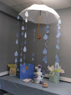 
                    
                        Baby Shower--umbrella and paper rain drops make a wonderful baby shower party decoration. Love it.
                    
                