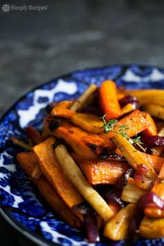 
                    
                        Beautiful roasted root vegetables—garnet yams, parsnips, carrots, beets—tossed in an apple cider vinaigrette and roasted until tender and caramelized. ~ SimplyRecipes.com
                    
                