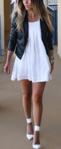 
                    
                        Summer White Mini Dress Top Black Leather Jacket
                    
                