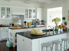 
                    
                        Kitchen Dreams. White beachy kitchen with double islands. Interior Designer: Lynn Morgan.
                    
                