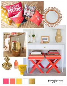 white furniture, coral, yellow, gold accents