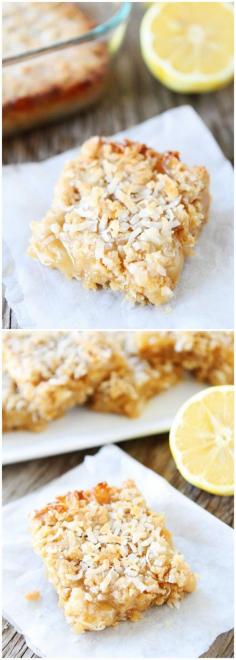 Lemon Coconut Crumb Bars Recipe on twopeasandtheirpo... Made with coconut oil and lemon curd! Love these spring bars!