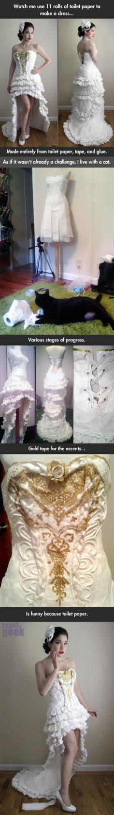 This incredible artist designed--and wore--a wedding dress made entirely out of toilet paper! #weddinggown #weddingdress #toiletpaper #wedding #fashion #DIY