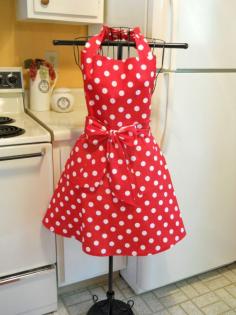 
                    
                        Retro Style Full Apron in Red Polka Dots in Large
                    
                
