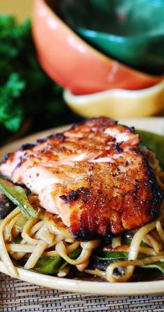 Asian salmon and noodles. Easy recipe for a busy weeknight. Asian food, Asian recipes, Asian salmon recipe, Asian seafood recipe, Asian fish recipe, most popular food pins