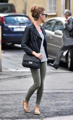 
                    
                        Classic outfit: Striped shirt, olive green skinnies, leopard flats, black leather motorcycle jacket, and a quilted leather bag
                    
                