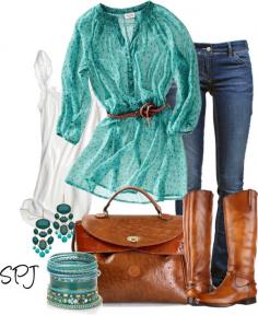 White Tank, Sheer Belted Turquoise Top, Low Rise Jeans, Brown Leather Knee High Boots, Brown Leather Bag, Turquoise Jewelry