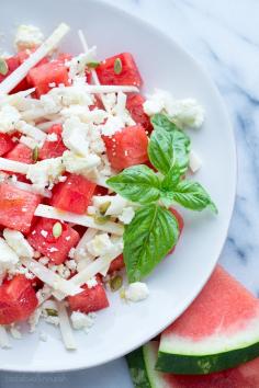 Watermelon Jicama Salad with Queso Fresco and Honey-Lime Vinaigrette | www.tasteloveandnourish.com | #watermelon #jicama #salad #quesofresco #summer #light #healthy #refreshing