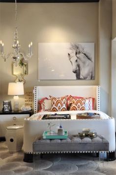 Love how this bedroom is decorated: modern glam!  #chic #white #gray #bedframe #scalloped #horse #art #chandelier #home #decor #decoration #furniture #obsessed