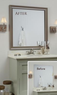 
                    
                        A MirrorMate frame for the mirror: an easy, inexpensive update with BIG impact. #bathroom #diy #makeover #design #ideas
                    
                