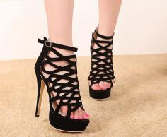 New Fashion Roman Style Women Pump Black Sexy Hollow Back Zipper Peep Toe High Heel Platform Pump Party Dating Pump