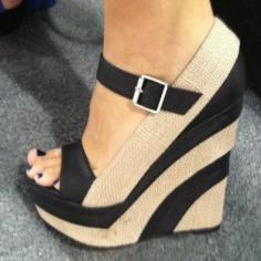 Tan and black wedge heels