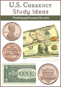 
                    
                        Ideas for Studying U.S. Currency: In this U.S. currency study, you’ll see that money is basically a civics lesson in your wallet!  All those designs, letters, numbers and symbols have meaning! | The Happy Housewife
                    
                