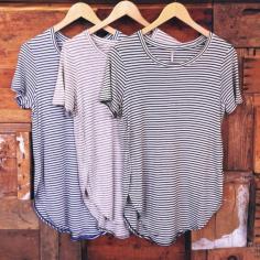 
                    
                        The perfect striped tee. Super soft with a shirttail hem.
                    
                