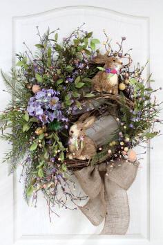 bunnies at the door - burlap ribbon