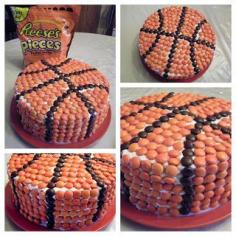 Basketball Cake: round cake, frosting, Reese's Pieces. Someone's birthday party idea!!