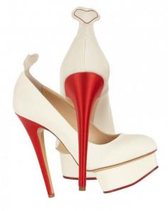 Charlotte Olympia Love Dolly silk-twill red heel Ivory pumps. Oh my heart! #shoes #heels