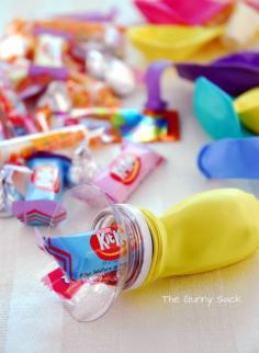 Fill Balloons Candy, using a water bottle top. Birthday Party Favors!