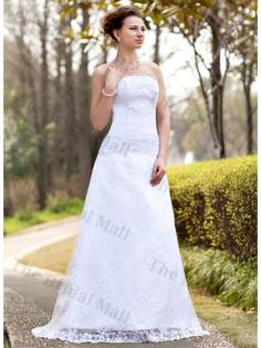 A-line/Princess Strapless Sweep Train Satin Lace Wedding Dress with Lace Ruching(TBMWD090)