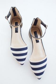 Goodnight Macaroon Premium Nautical Strip Pointy Metal Plate Ankle Strap Flats