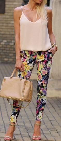 
                    
                        Floral skinnies + strappy heels.
                    
                