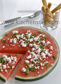 A Refreshing Summer snack. Watermelon Pizza {Watermelon Slice with Feta and Chopped Basil} ... so much easier than the watermelon feta cup things!