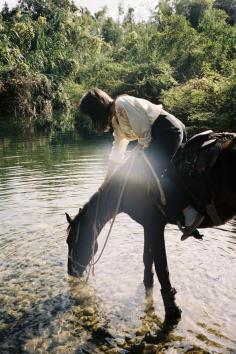 Riding horses thru water