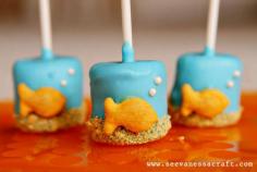 Goldfish Marshmallow Pops-- cute for an "Under the sea" birthday party or just to take to school instead of cupcakes!